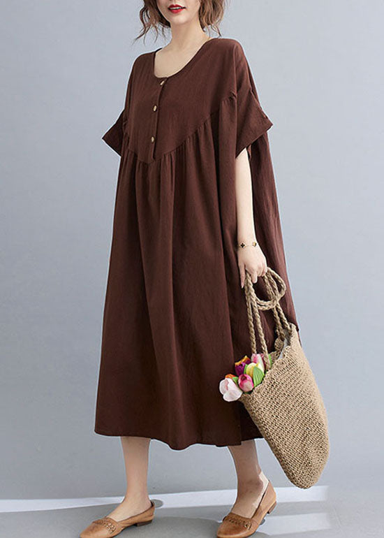 Coffee O Neck Wrinkled Patchwork Cotton Long Dresses Short Sleeve