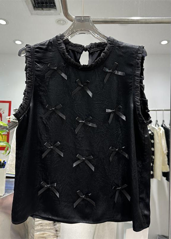 Chinese Style Black O-neck Ruffled Patchwork Bow Nail Bead Silk Tops Sleeveless