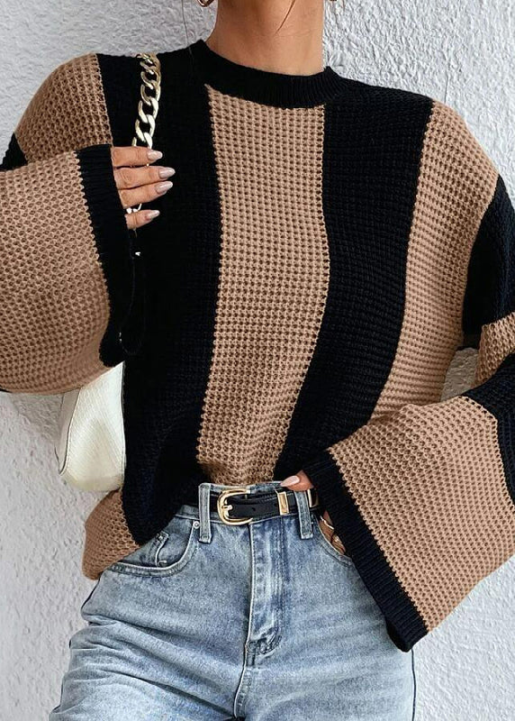 Khaki O Neck Striped Knit Sweaters Fall