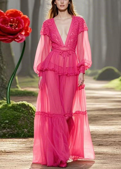 Rose V Neck Ruffled Lace Up Chiffon Long Dresses Spring