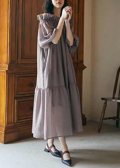 Grey Purple Ruffled Lace Up Patchwork Cotton Dress Summer