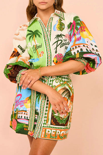 Frenulum Shirt Collar Printed Dresses