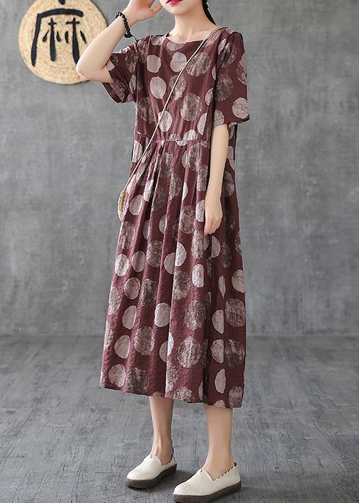 Chocolate Dotted Linen Cotton Clothes O Neck Cinched Robe Dress