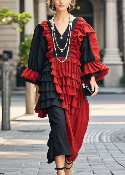 Colorblock Asymmetrical Patchwork Ruffles Party Dress Flare Sleeve