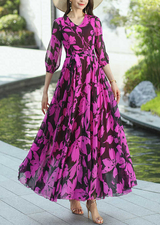 Rose V Neck Print Wrinkled Chiffon Dresses Summer