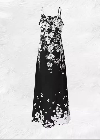 Black Print Cotton Spaghetti Strap Dress Summer
