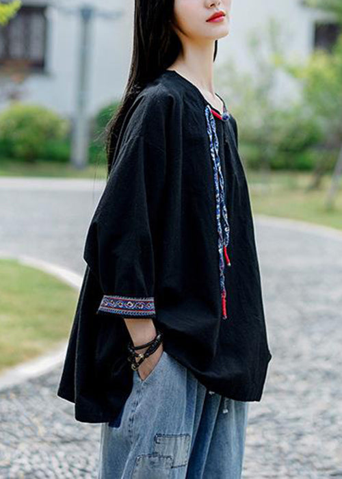 Loose Black Button Linen Tops Bracelet Sleeve