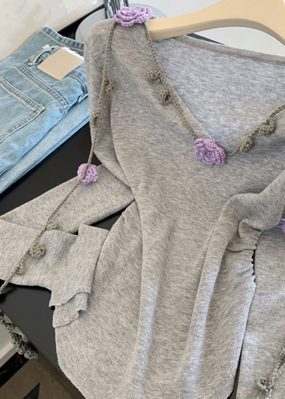 Novelty Grey V Neck Tie Lace Knit Tops Fall