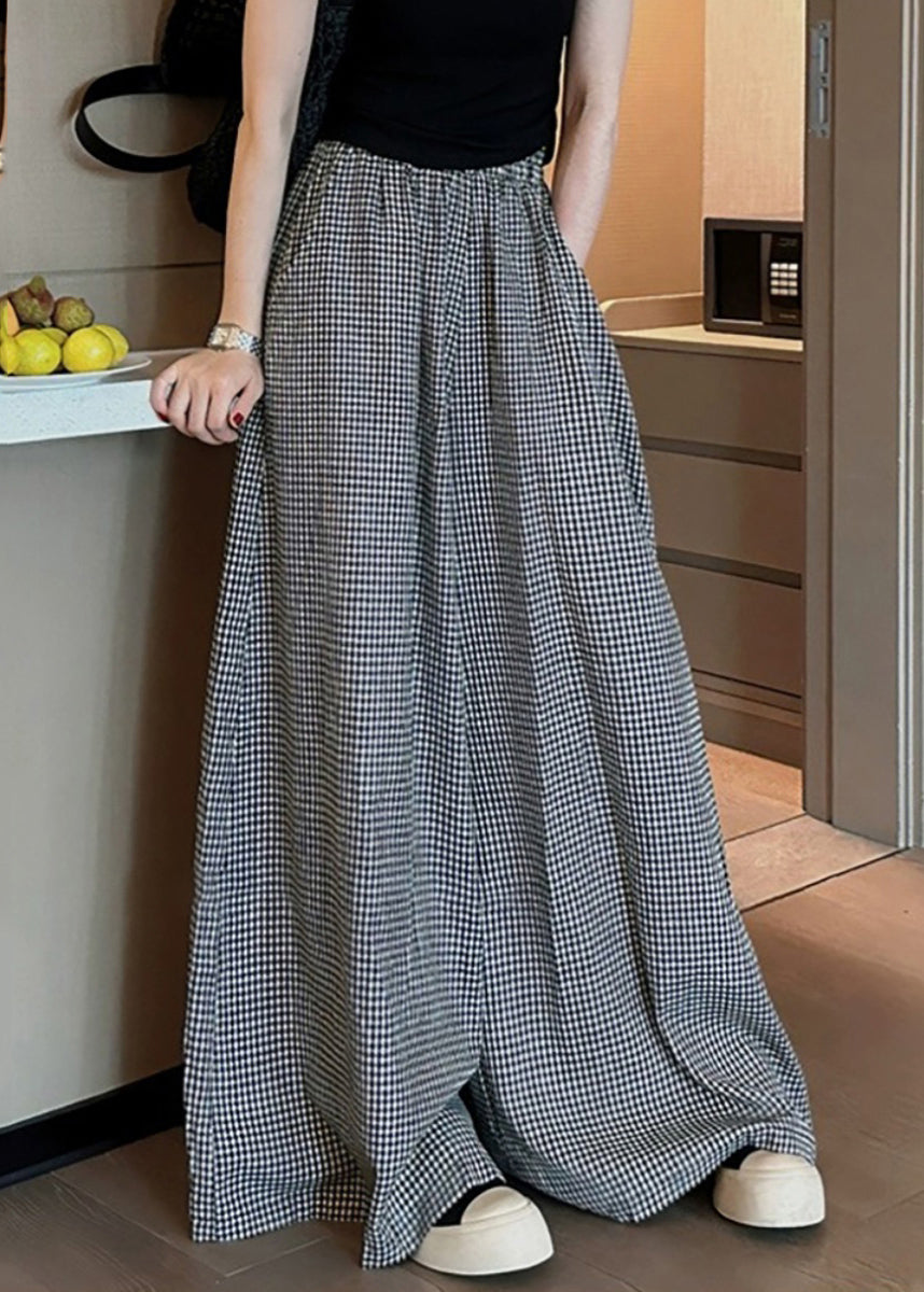 Black Plaid Pockets Elastic Waist Wide Leg Pants