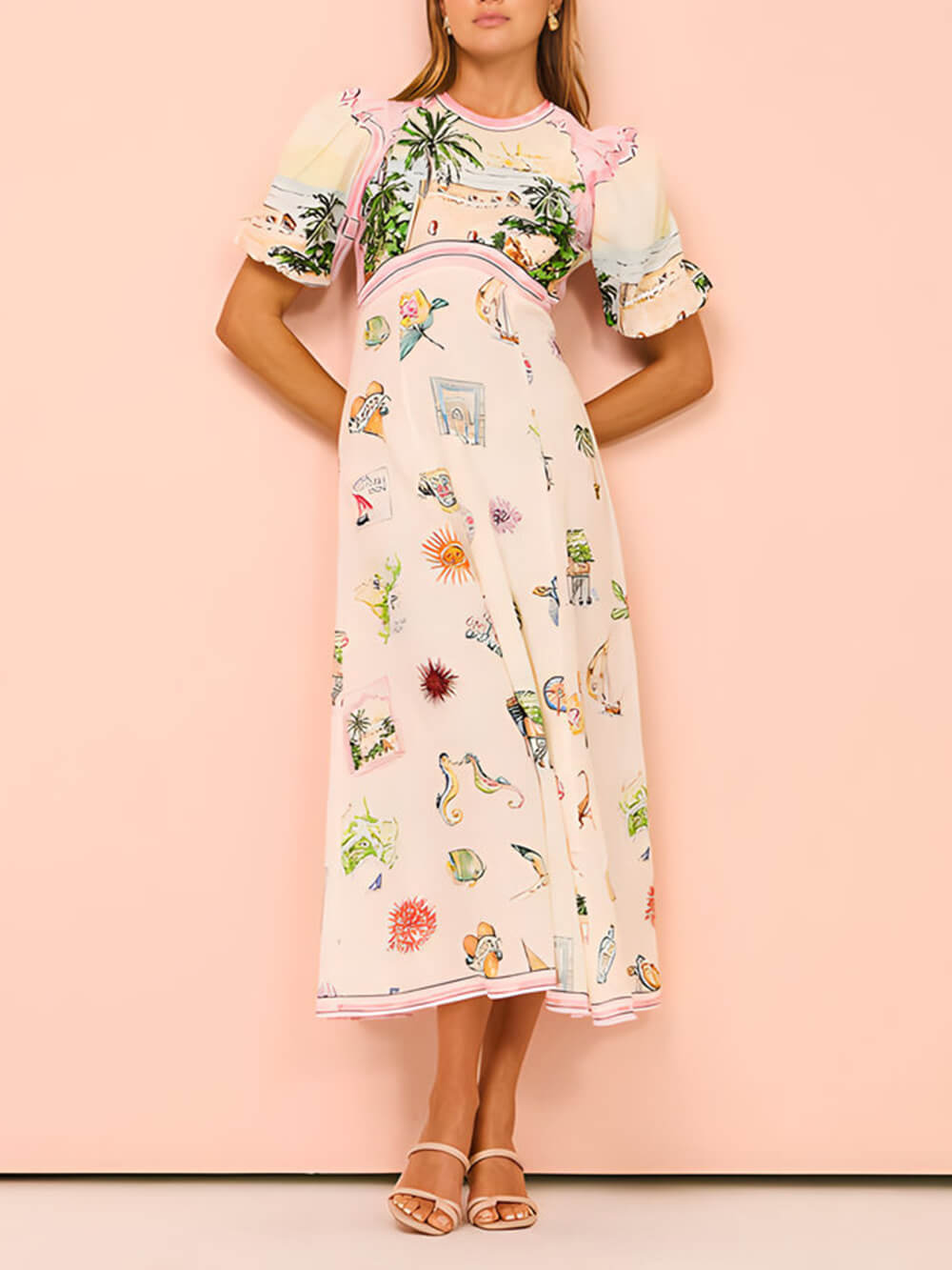 Feature Printed Style Round Neck Midi Dress