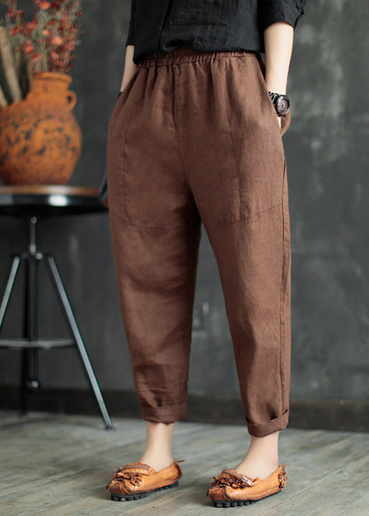 Coffee Elastic Waist Linen Crop Pants