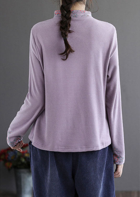 Modern Purple Embroidered Button Fall Cotton Top