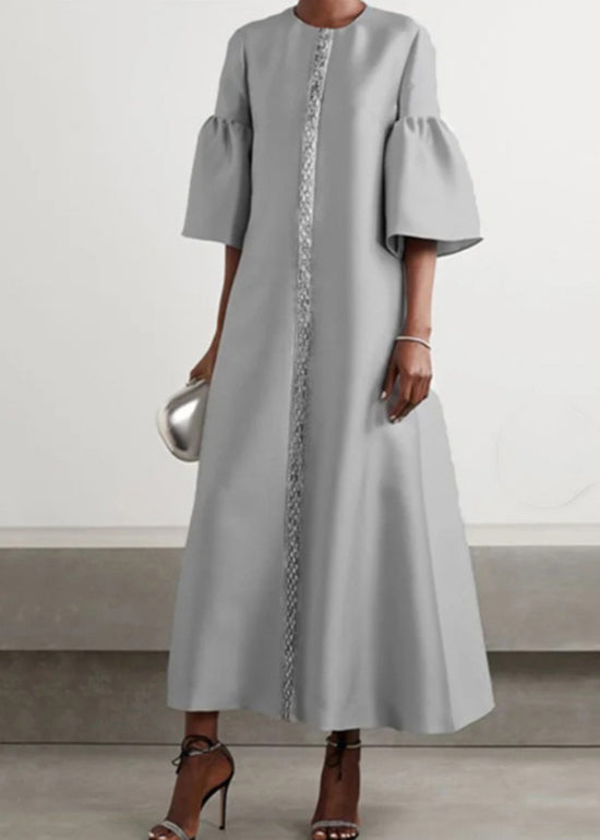 Grey O Neck Patchwork Cotton Long Dress Summer