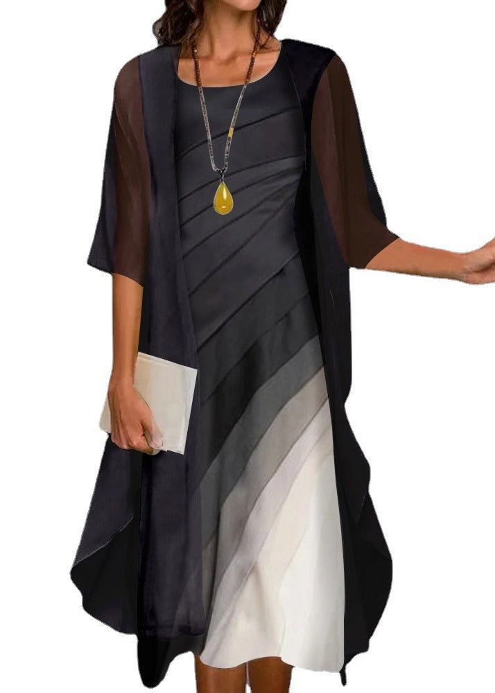 Black O-neck Cardigans and Dress Two Pieces Set Half Sleeve