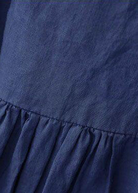 Simple Linen Clothes for Fitted Summer Loose Short Sleeve Navy Blue Dress