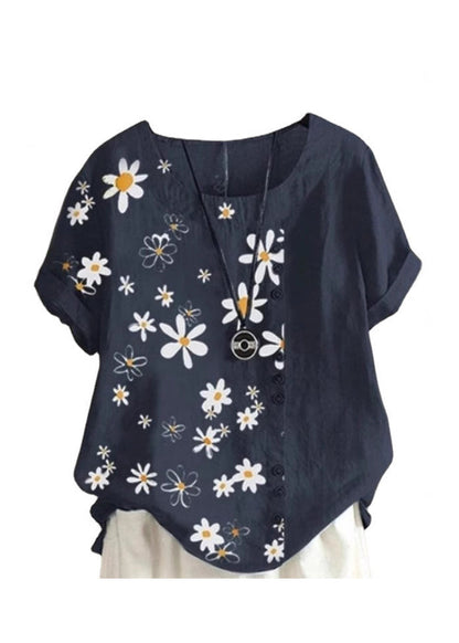 Loose Green O Neck Print Patchwork Cotton Blouses Top Summer