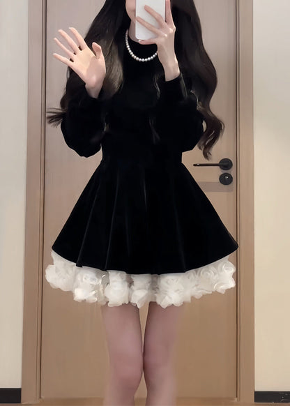 Simple Black O Neck Patchwork Silk Velvet Mid Dress Spring
