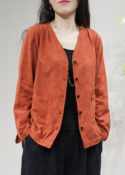 Orange Pockets Cotton Coat Coats V Neck Fall