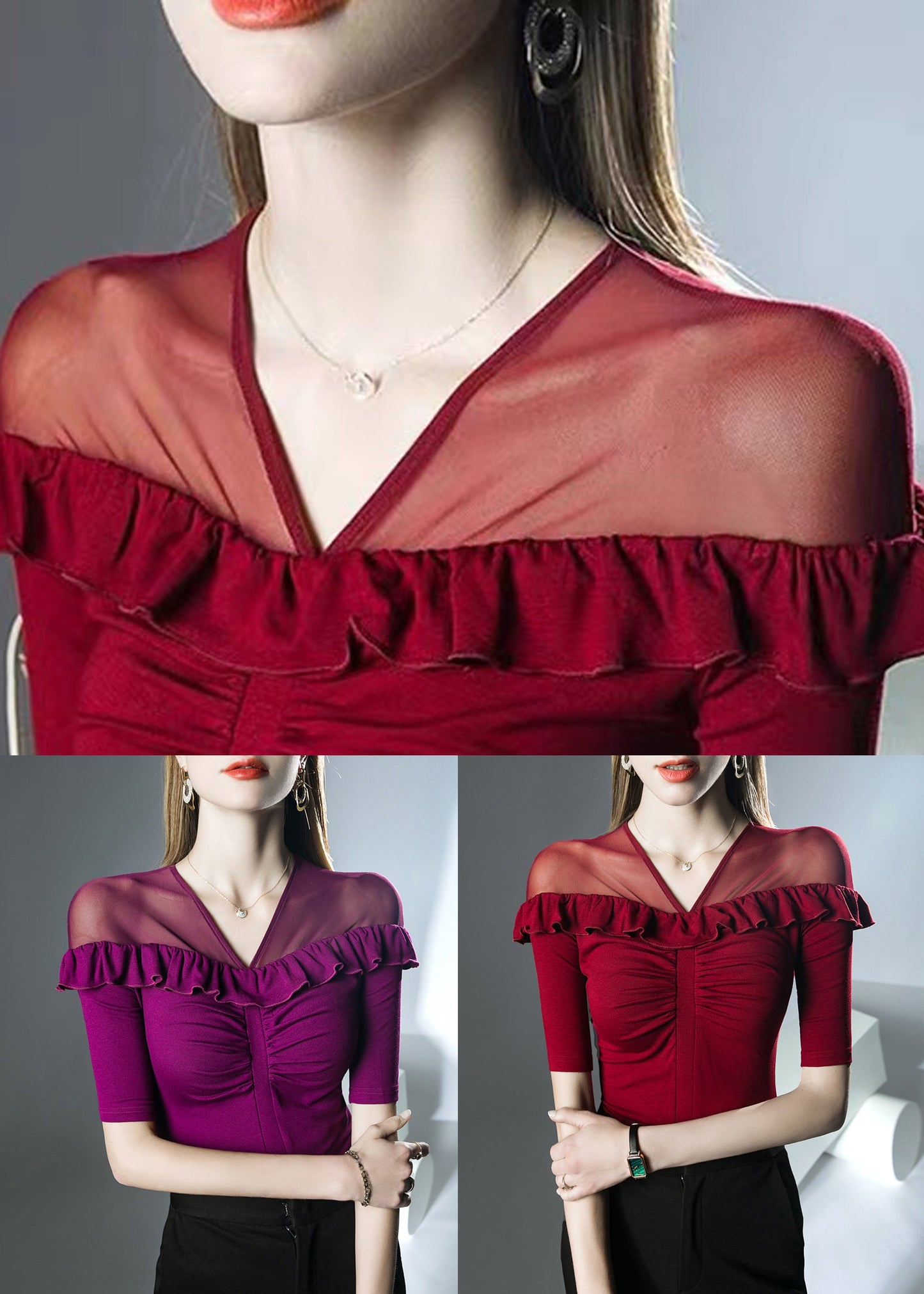 Purple Tulle Patchwork Top Half Sleeve