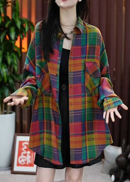 Peter Pan Collar Pockets Plaid Cotton Shirts Coats Fall