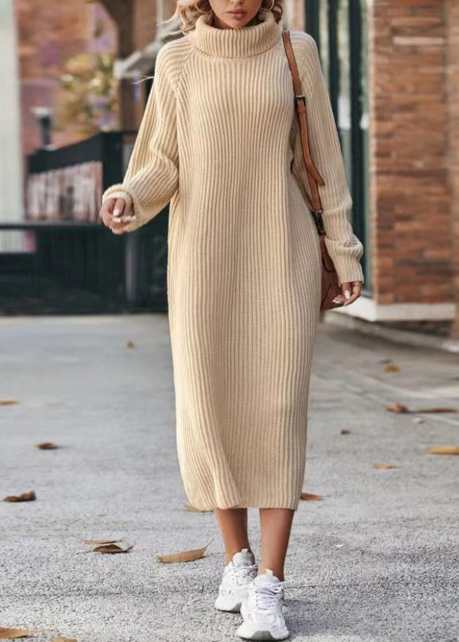 Beige Hign Neck Long Knit Dress Winter
