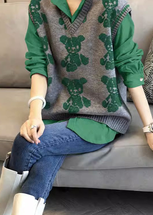 Green Knitted Vest Shirt Age Reducing Two Piece Set Autumn New