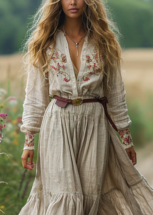 Beige V Neck Print Patchwork Cotton Long Dress Fall