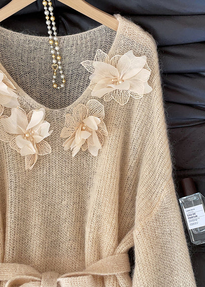 Fitted Khaki Tie Waist Decorated Knit Sweater Tops Fall