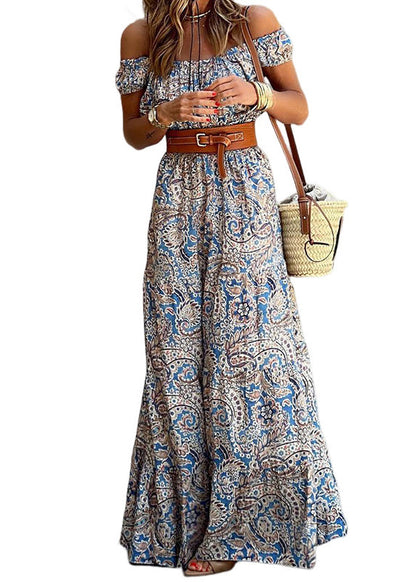 Blue Cold Shoulder Print Sashes Cotton Dresses Summer