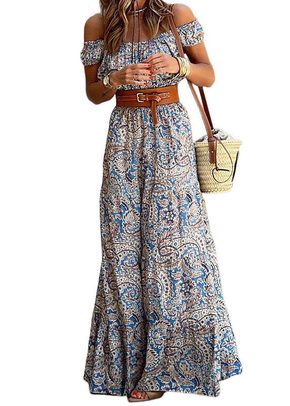 Blue Cold Shoulder Print Sashes Cotton Dresses Summer