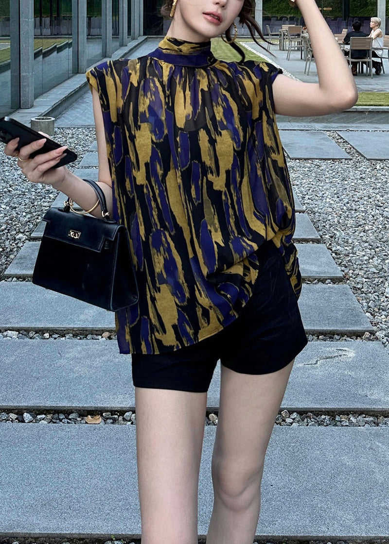 New Yellow Turtleneck Print Lace Up Cotton Blouses Summer