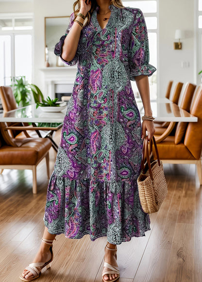 Red V Neck Print Wrinkled Patchwork Cotton Long Dresses Summer
