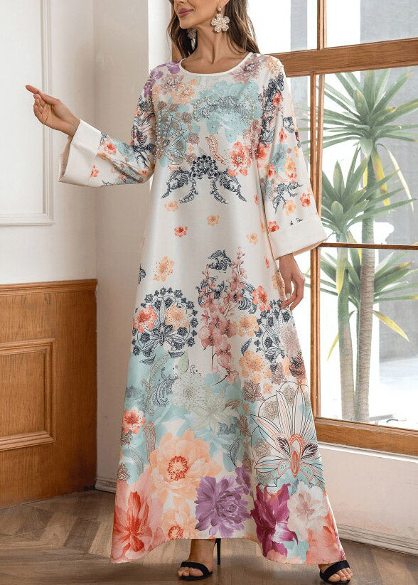 O-neck Print Zircon Maxi Dresses Fall