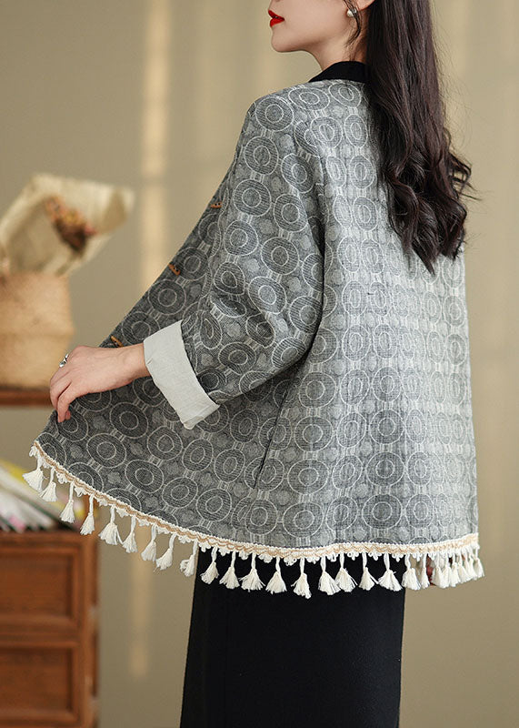 Chinese Style O-neck Tassel Jacquard Cotton Coat Spring
