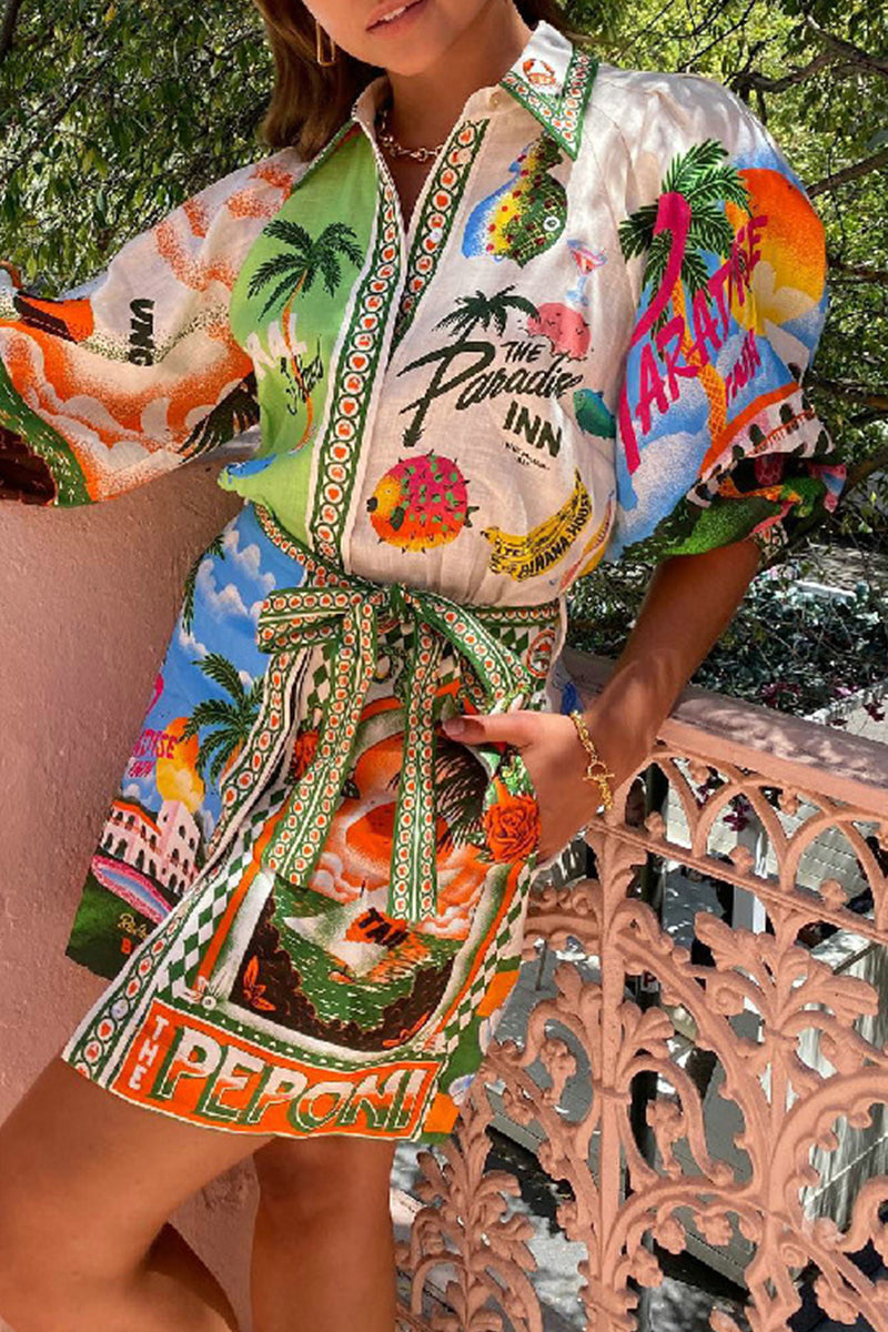 Frenulum Shirt Collar Printed Dresses