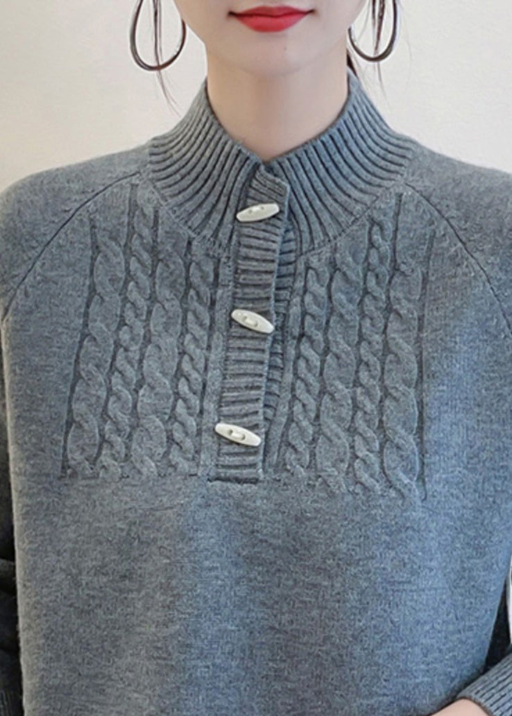 Art Grey Button Thick Knit Sweater Fall