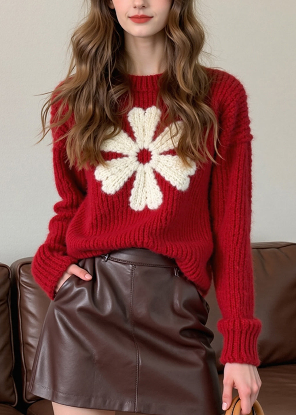 French Red O Neck Thick Knit Sweaters Winter