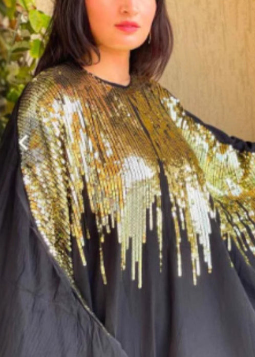 Classy Black Sequins Patchwork Cotton Maxi Dress Batwing Sleeve