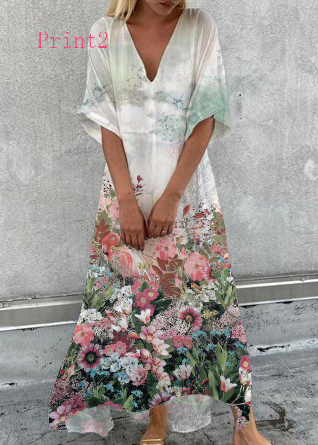 V Neck Print Loose Cotton Maxi Dress Summer