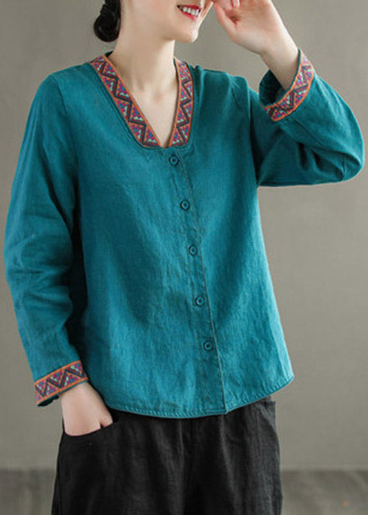 Blue V Neck Embroidered Button Linen Shirt Long Sleeve