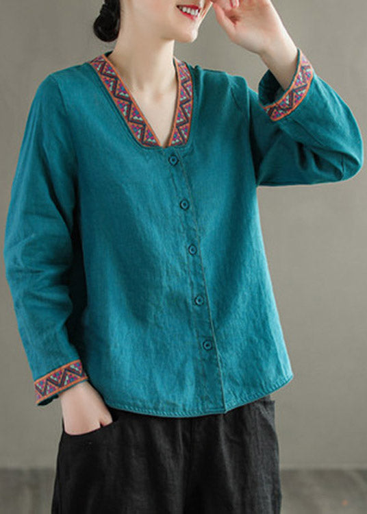 Blue V Neck Embroidered Button Linen Shirt Long Sleeve
