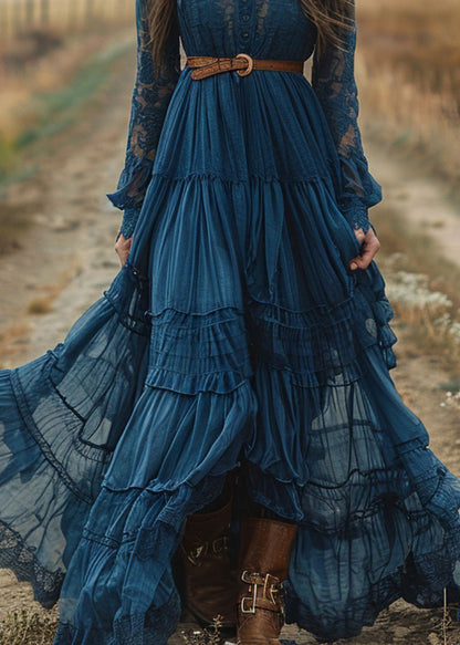 Blue Lace Ruffled Patchwork Cotton Robe Dresses Spring