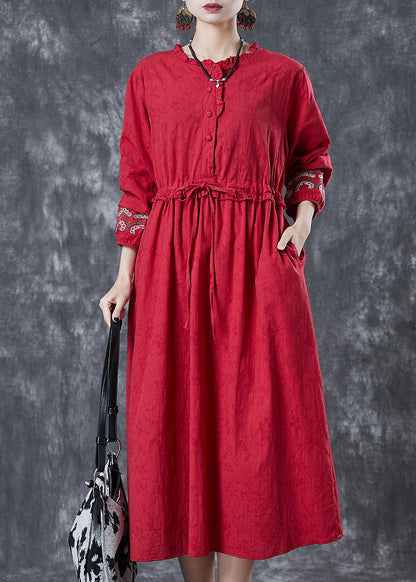 Red Embroidered Jacquard Cotton Cinched Dresses Fall