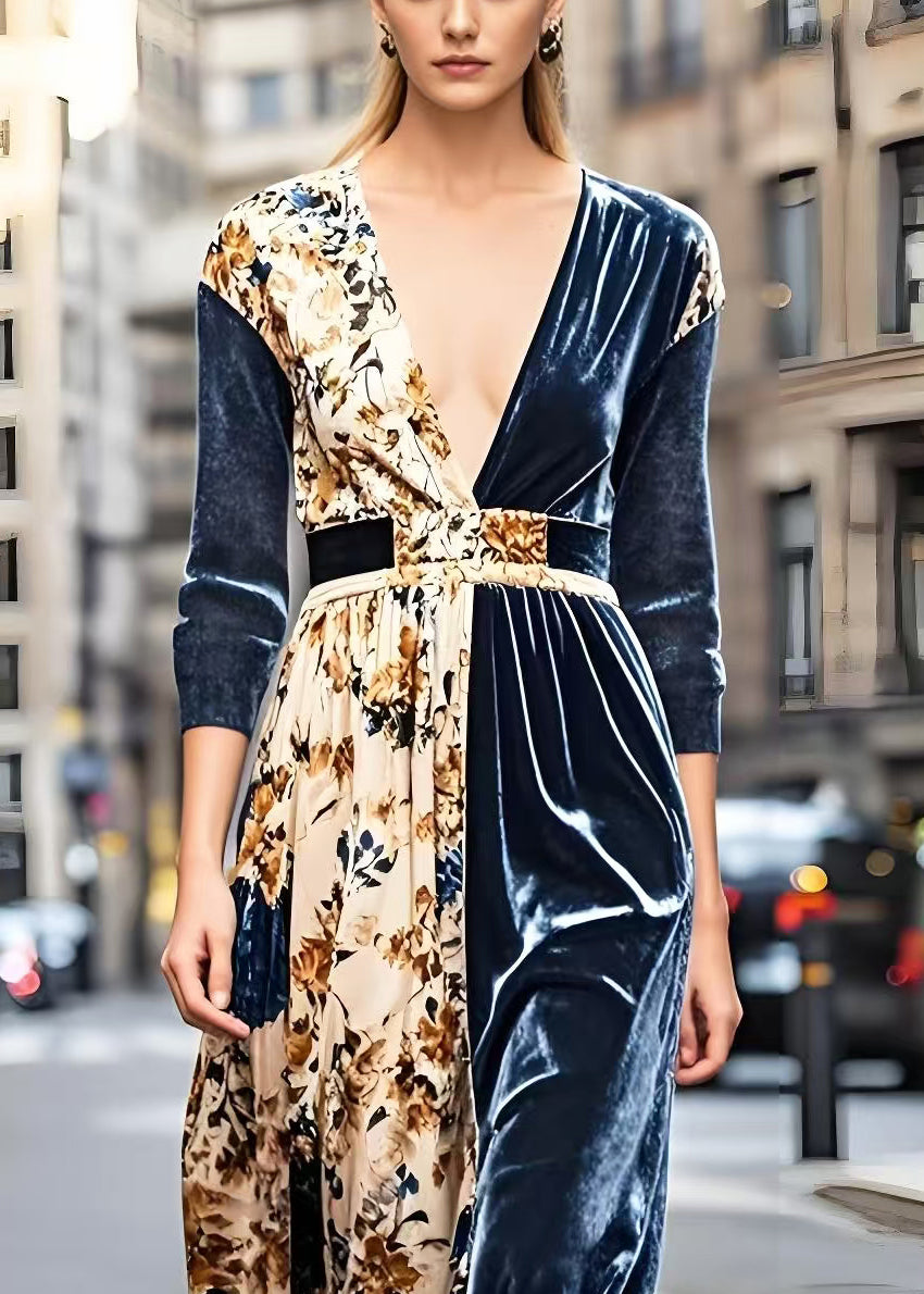 Navy V Neck Patchwork Print Silk Velvet Dresses Spring