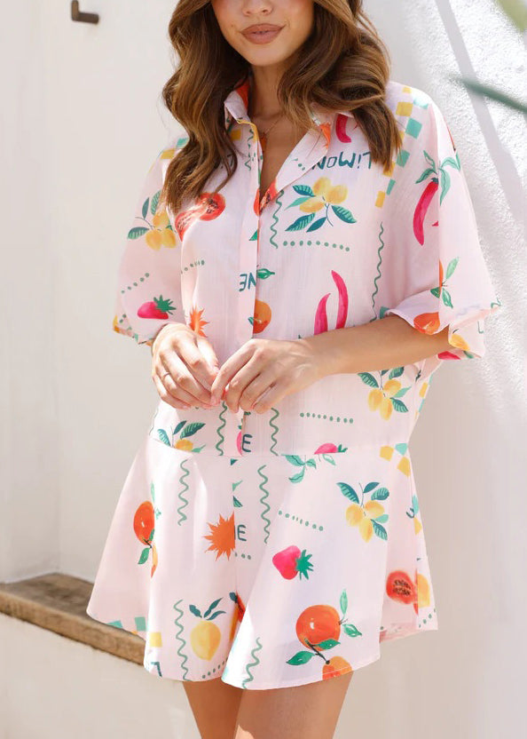 Pink Peter Pan Collar Print Cotton Jumpsuit Summer