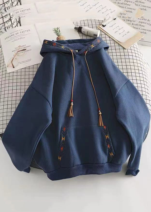 Diy Navy Hooded Embroideried Cotton Sweatshirts Top Spring