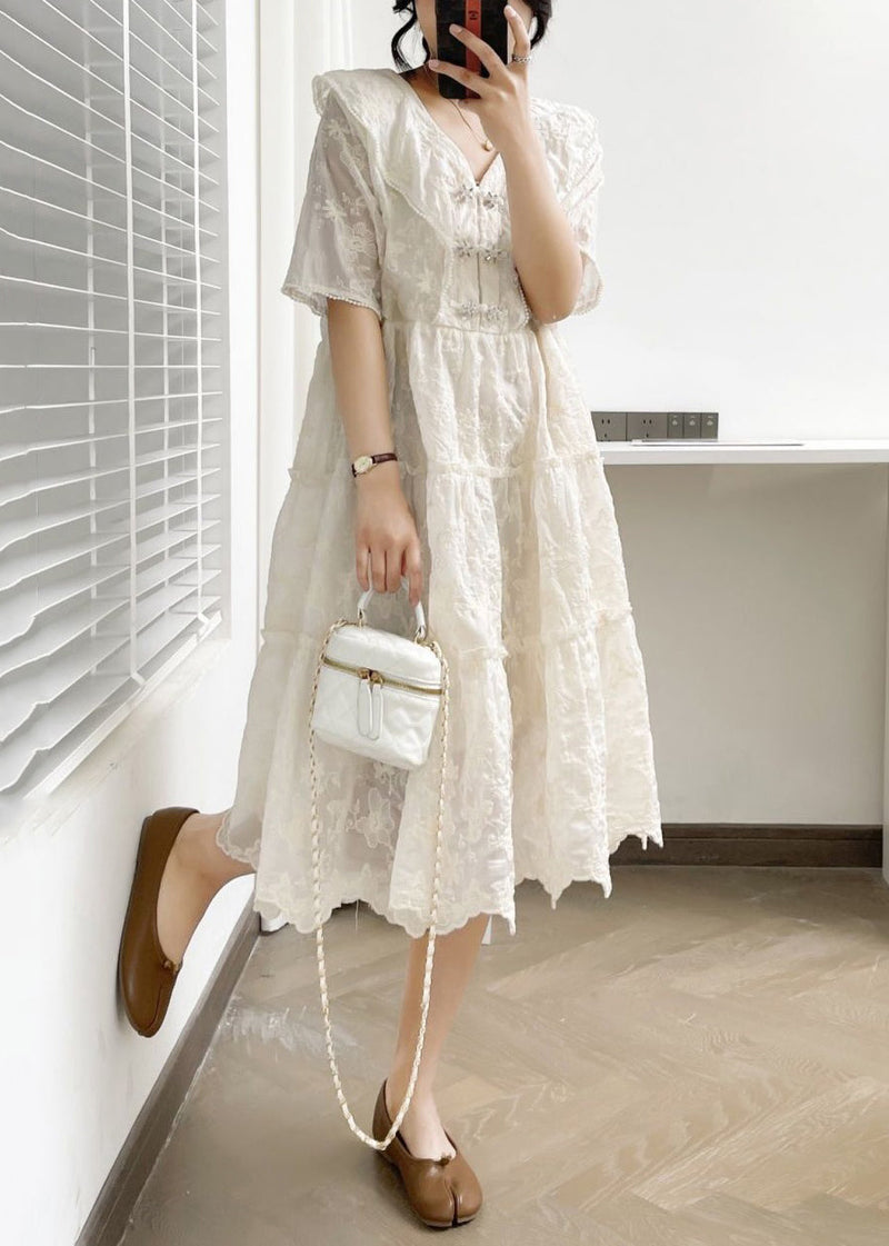 White V Neck Button Ruffled Cotton Dress Summer