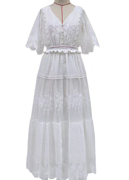 French White V Neck Patchwork Lace Long Dresses Summer