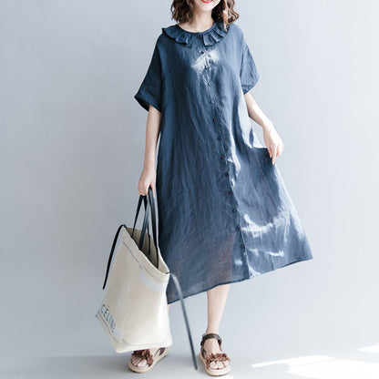 Navy Cotton Linen Dress Dress Fine Short Sleeve Patchwork Peter Pan Collar Pockets Cotton Linen Dresses