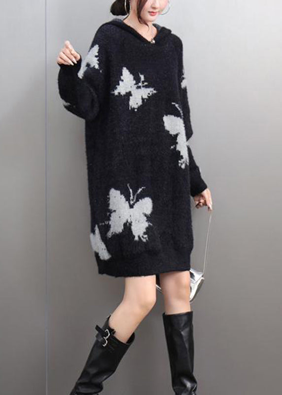 Black V Neck Thick Print Cotton Knit Sweaters Winter